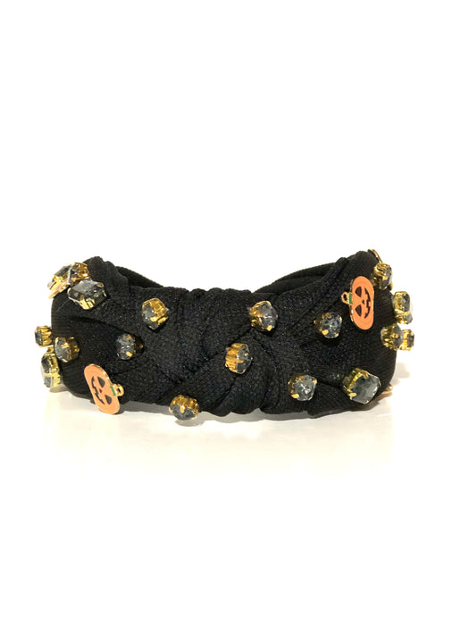 Halloween Be-Jeweled and Enamel Black Bandie with Jack-O-Lanterns and Gray Rhinestones