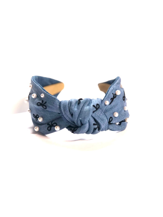 Denim Darling Bow Headband with Pearls