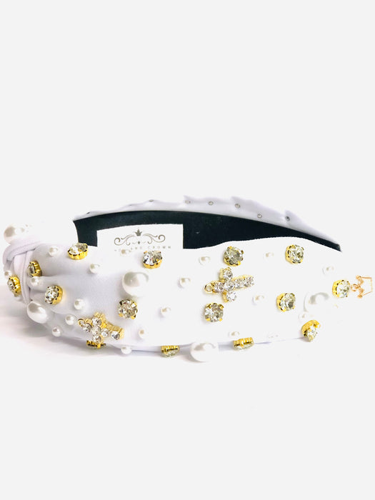 White Eyelet Jeweled with Mini Crosses and Pearls