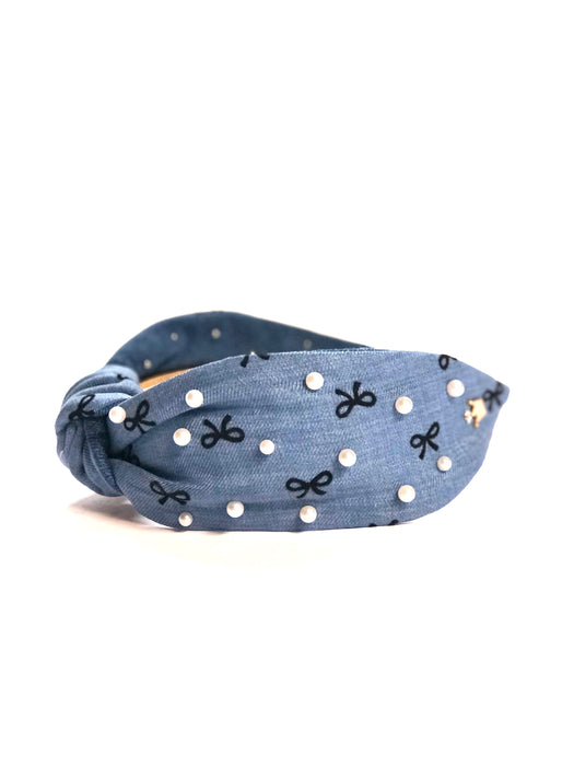 Denim Darling Bow Headband with Pearls