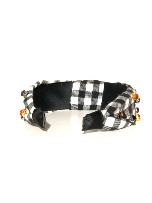 Halloween Black Flannel Buffalo Plaid with Black and Orange Gemstone Embellishments