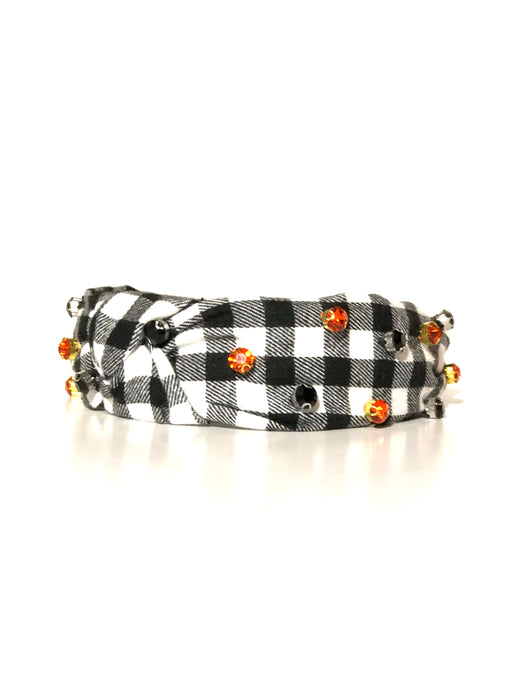 Halloween Black Flannel Buffalo Plaid with Black and Orange Gemstone Embellishments